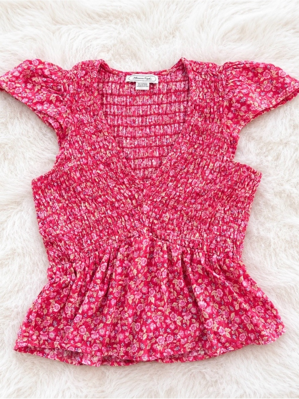 American Eagle Outfitters Pink Floral Smocked Peplum Top